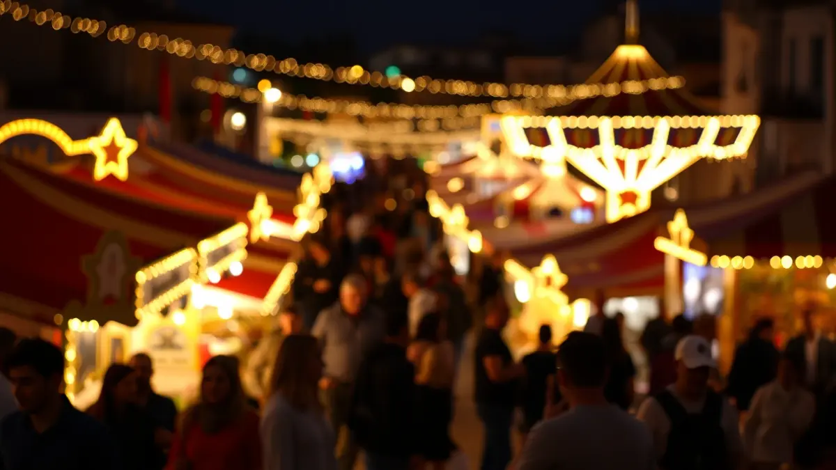 Image of a fairground with lights and people, symbolizing safety at festivities.