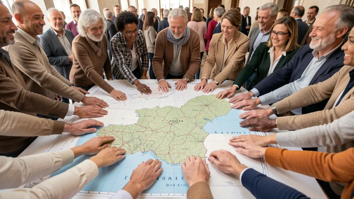 Manos de diversas personas unidas formando un círculo sobre un mapa de la zona norte de la Comunidad de Madrid.