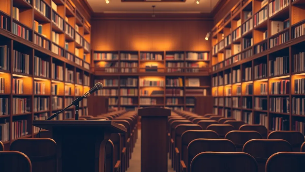 Imagen genérica de un interior de biblioteca con estanterías de madera y un ambiente acogedor de lectura.