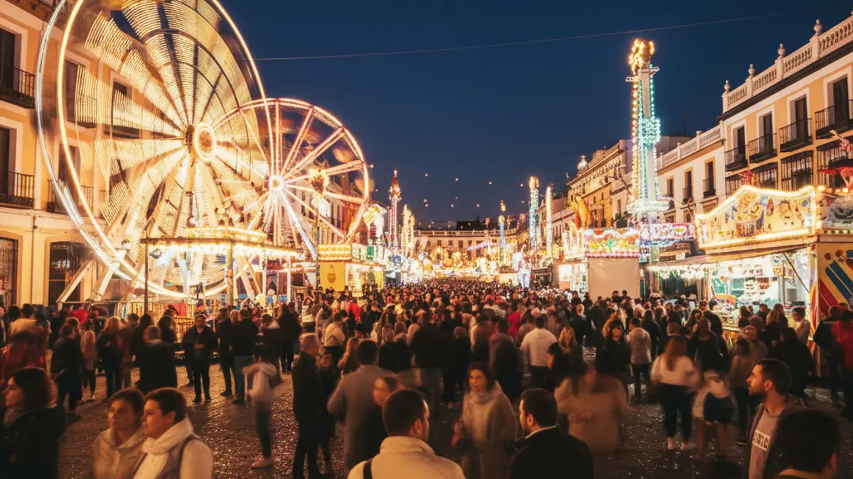 Image of a fairground during patron saint festivities, with blurred lights and people.