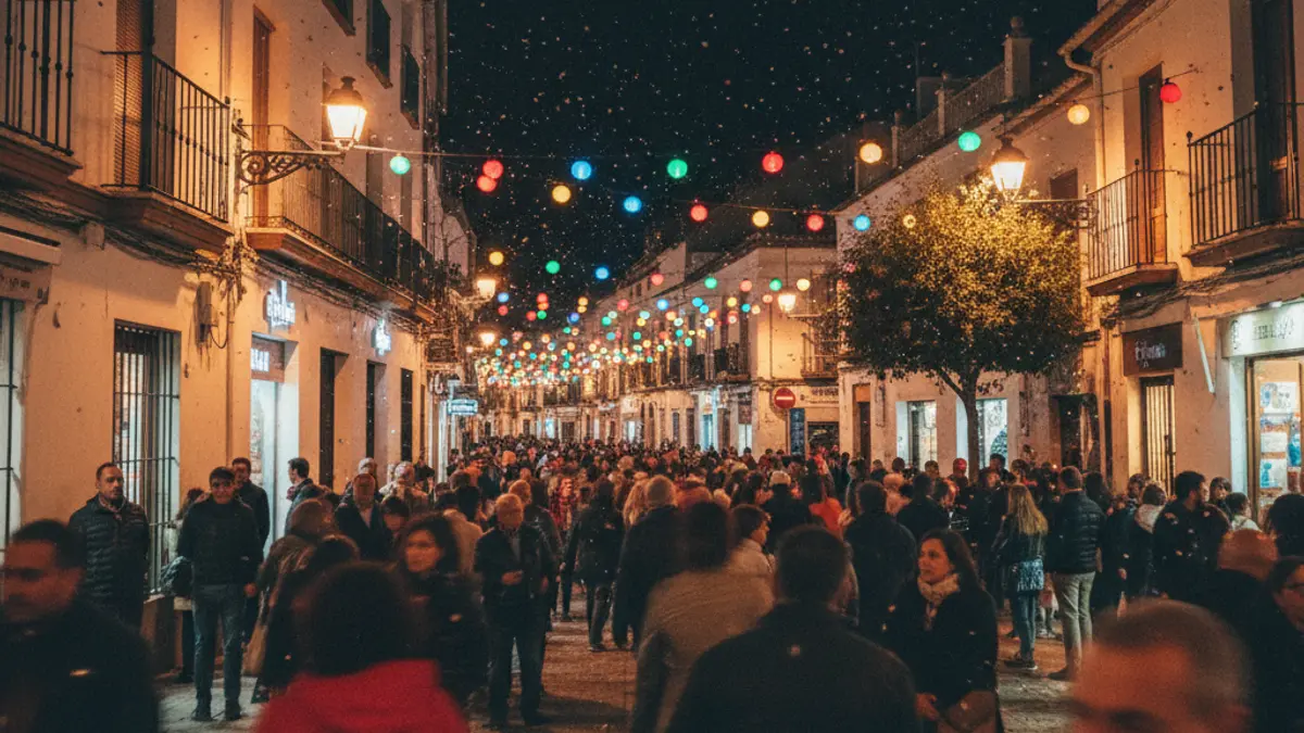 Generic image of a festive street with blurred lights and crowds.