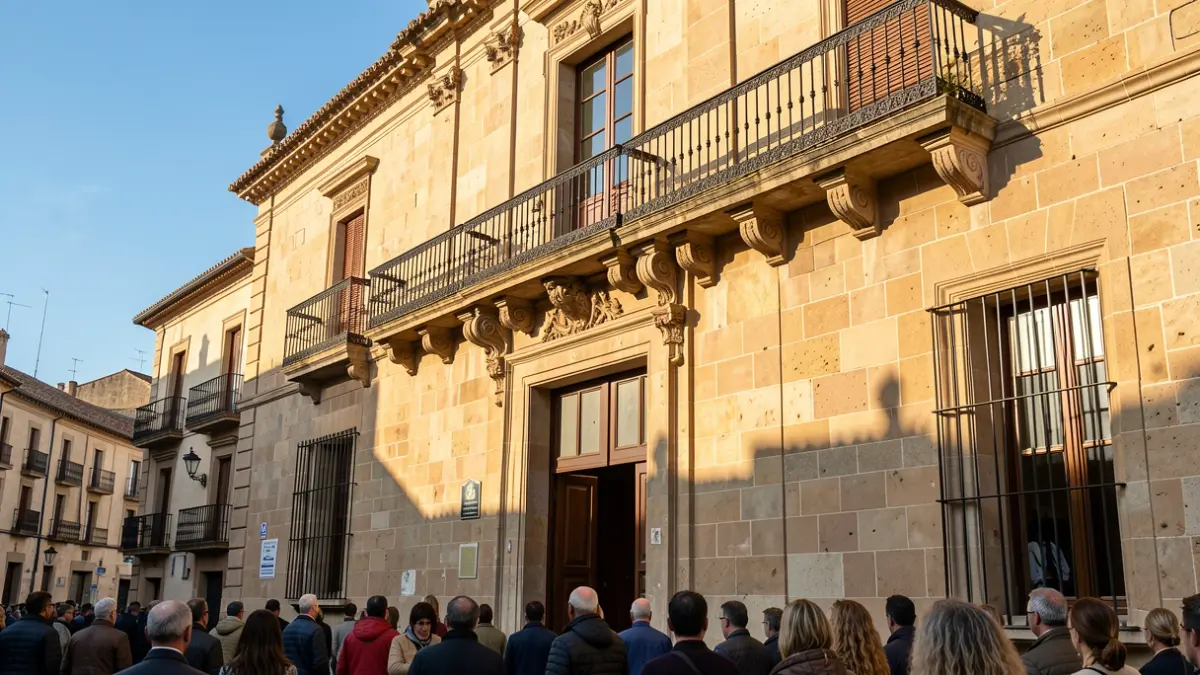 Facade of a town hall with a balcony and iron railings, afternoon light.