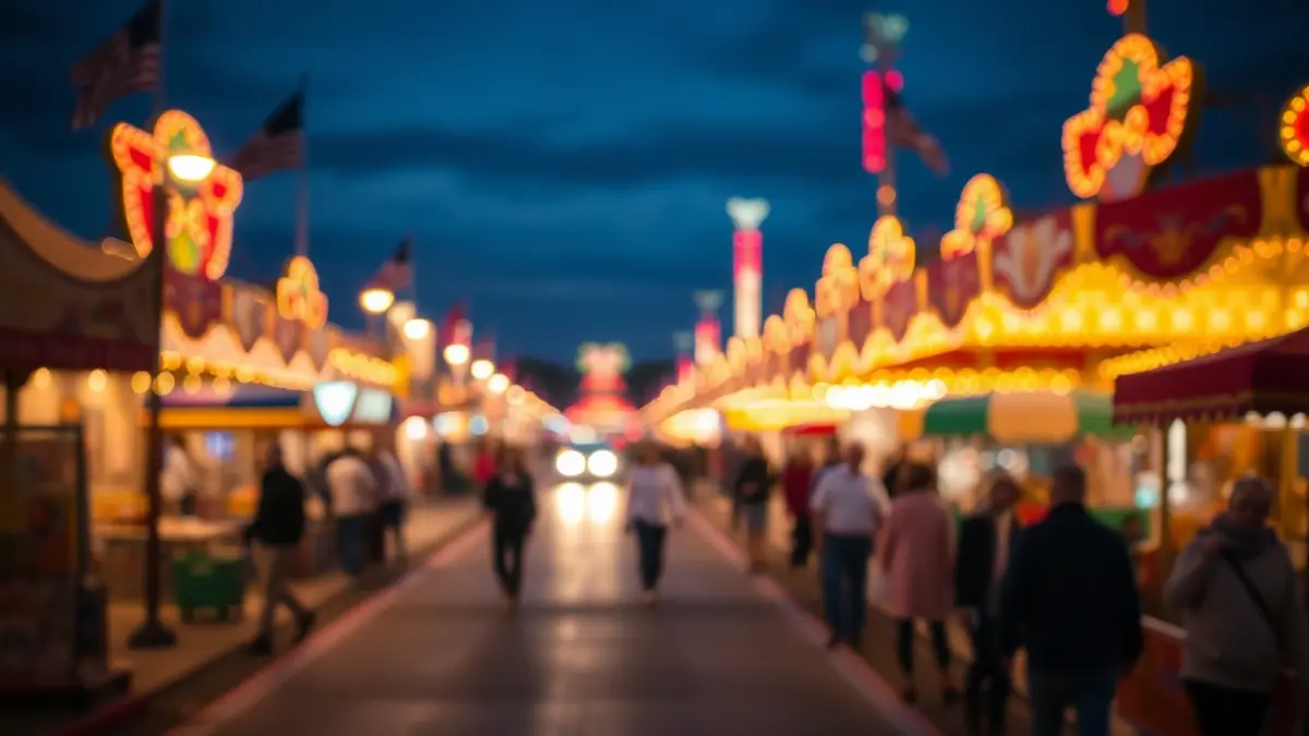 Generic image of a night fairground with blurred lights and a festive atmosphere.