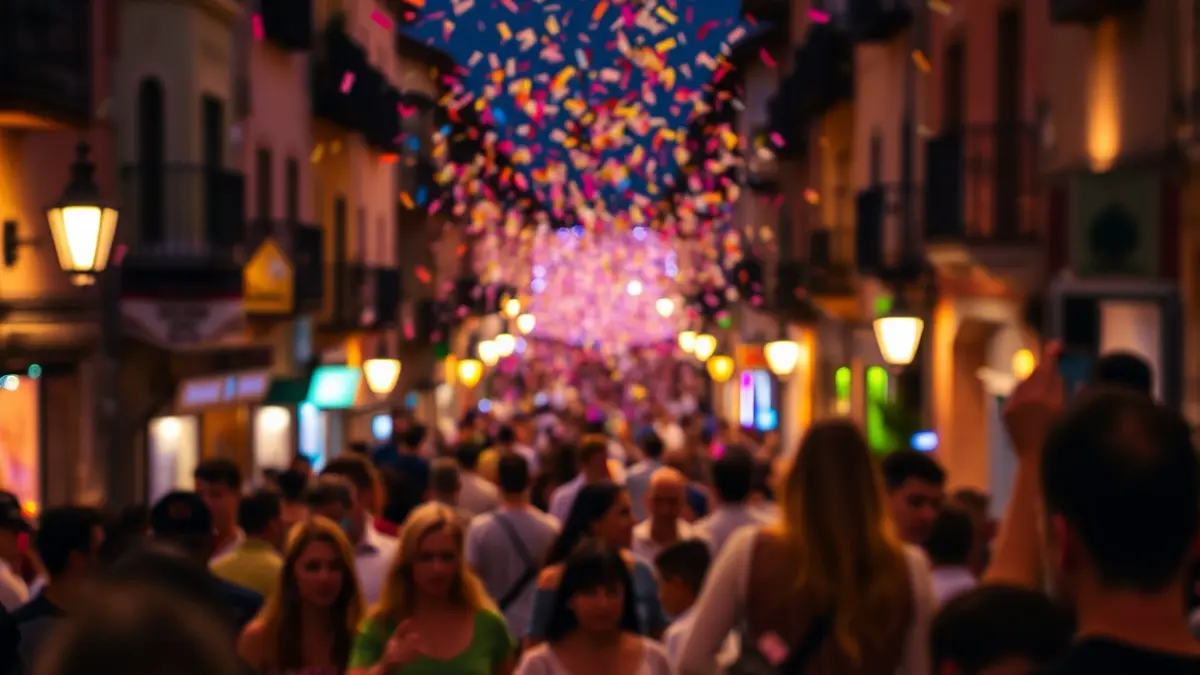 Imagen genérica de un festival local con multitudes y luces festivas.