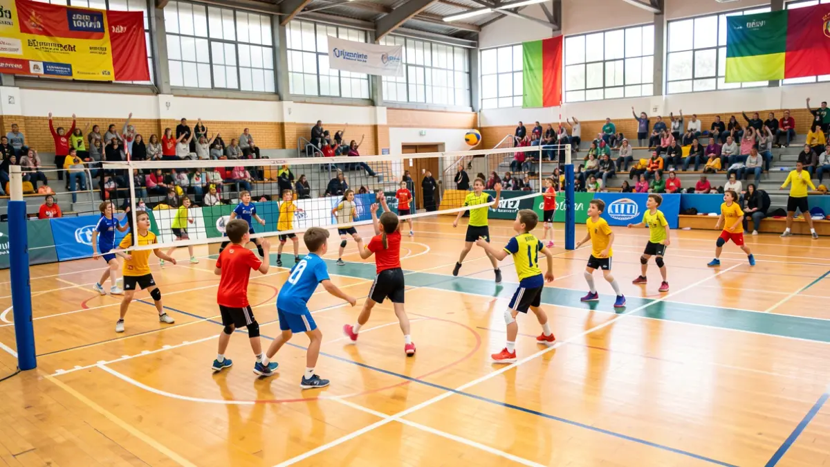 Generic image of children playing volleyball in a sports hall.