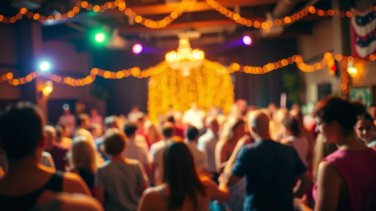 Image of a music event with people dancing and festive lights.