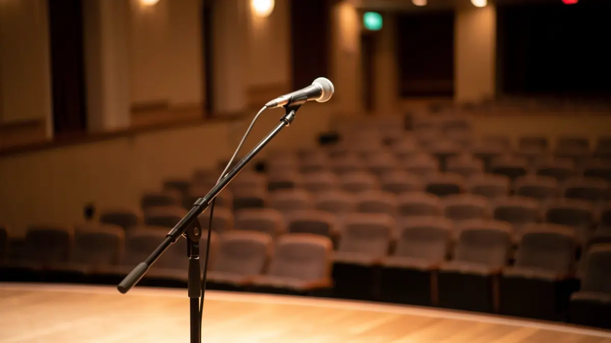 Theater stage with warm lighting and a microphone, cultural atmosphere.