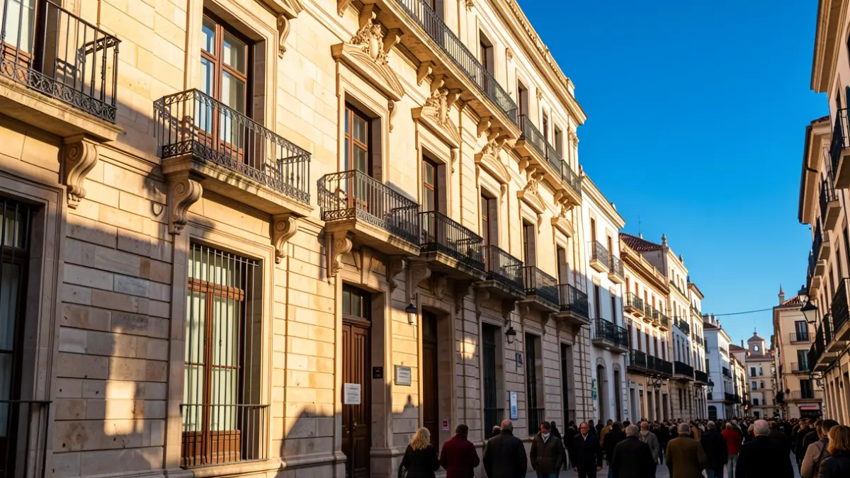 Stone facade of a la Comunidad de Madrid town hall with ornate balcony and iron railings, warm afternoon sunlight casting shadows on the sandstone walls, blue sky.