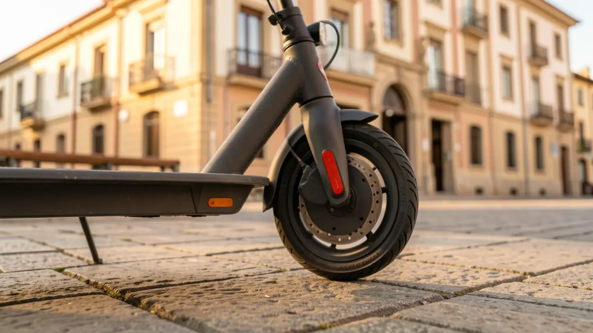 Rueda de patinete eléctrico en Alcorcón con edificio municipal al fondo.