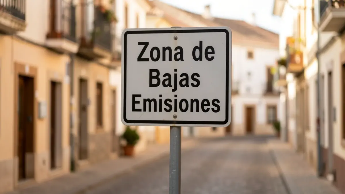 Señal de Zona de Bajas Emisiones en una calle residencial de Alcorcón.