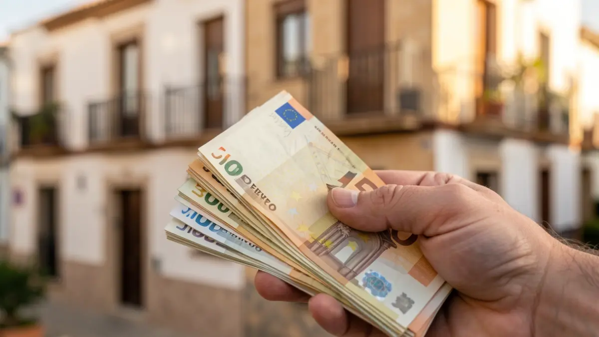 Generic image of euro banknotes and a residential building.