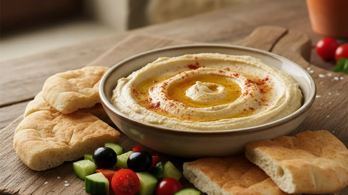 Imagen de un plato de hummus con pan de pita y verduras.
