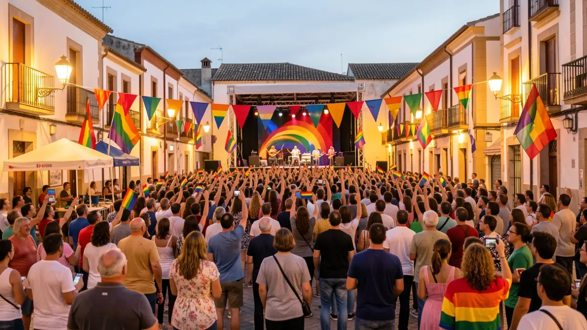 Generic image of an LGTBIQ+ Pride celebration in a Spanish square with a festive atmosphere.