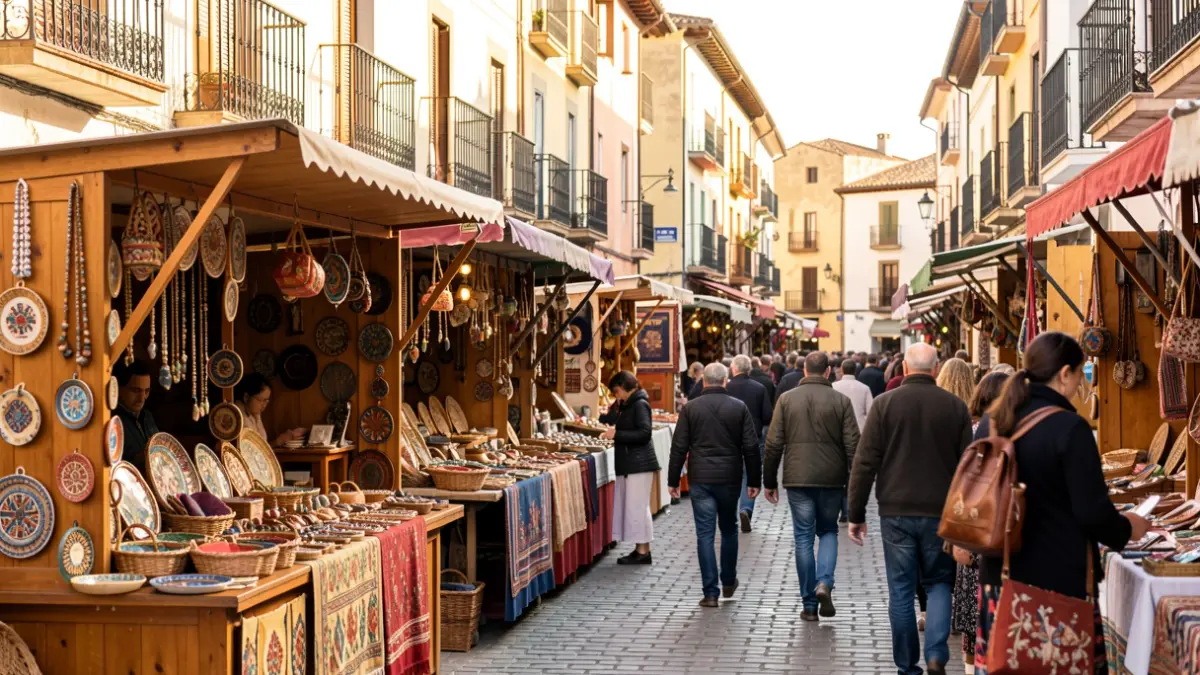 Image of a traditional outdoor market with craft stalls in an urban square.