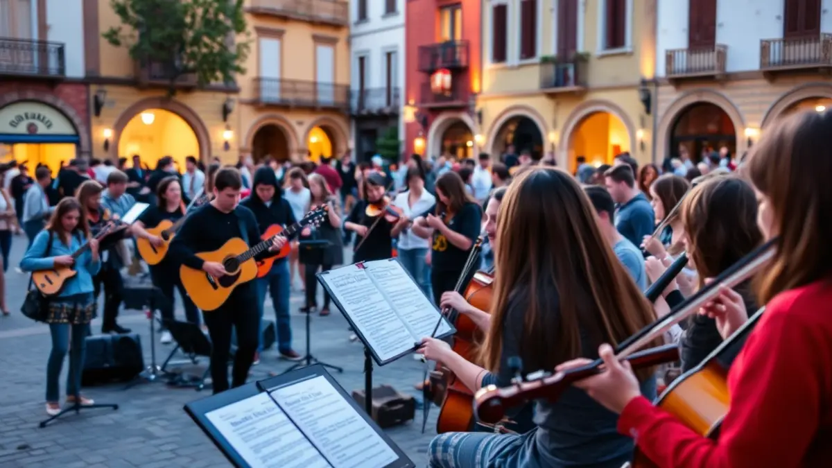 Imagen de un concierto al aire libre con estudiantes y músicos en una plaza.