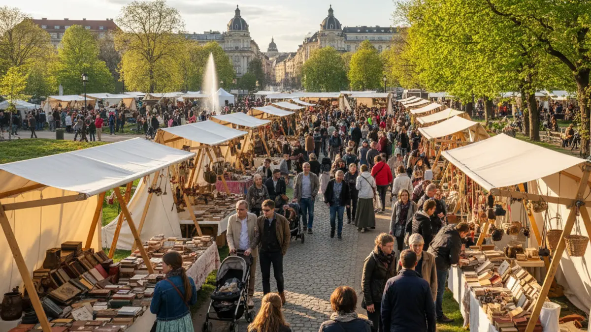 Image of an outdoor fair with book and craft stalls, people strolling and enjoying the festive atmosphere.