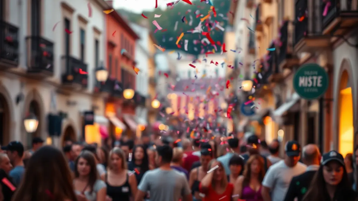 Imagen genérica de un ambiente festivo con confeti y gente borrosa.