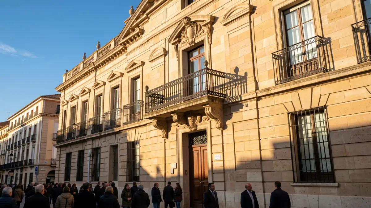 Fachada de un ayuntamiento de la Comunidad de Madrid con balcón y barandillas de hierro, luz de sol de la tarde.