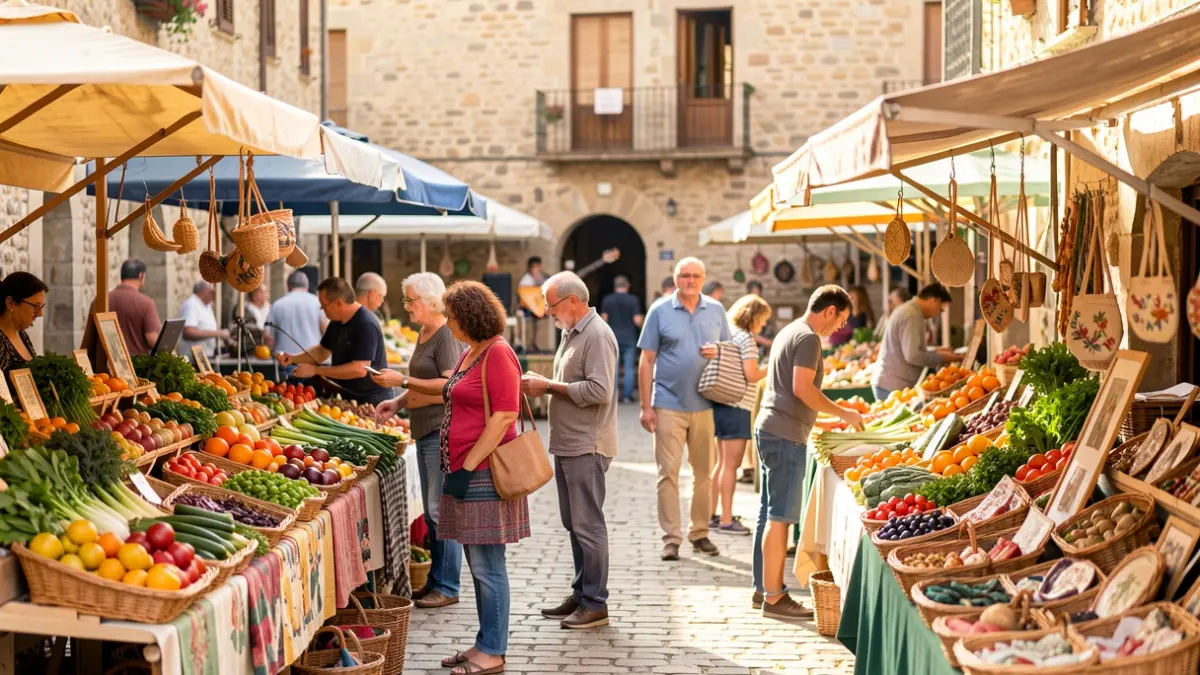 Imagen genérica de un mercado ecológico al aire libre con familias y puestos de productos locales.