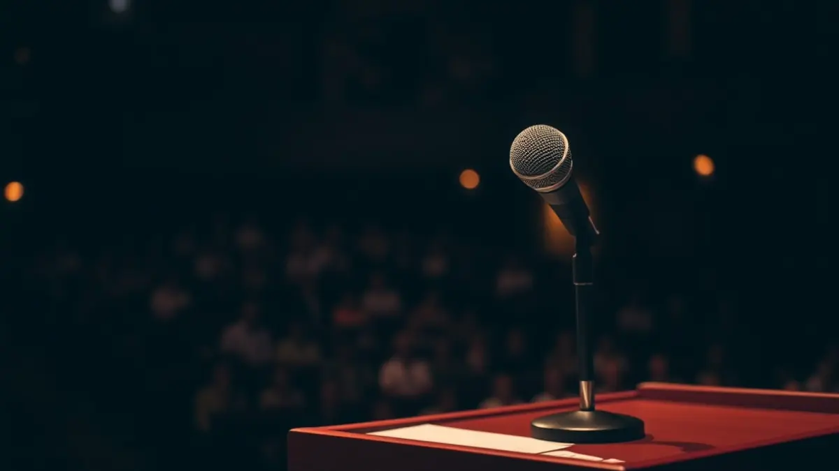 Imagen genérica de un micrófono en un podio en un teatro.