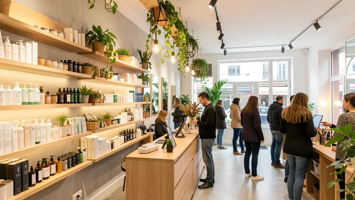 Interior de un salón de peluquería orgánica en Alcorcón con elementos de bioarquitectura y productos naturales.