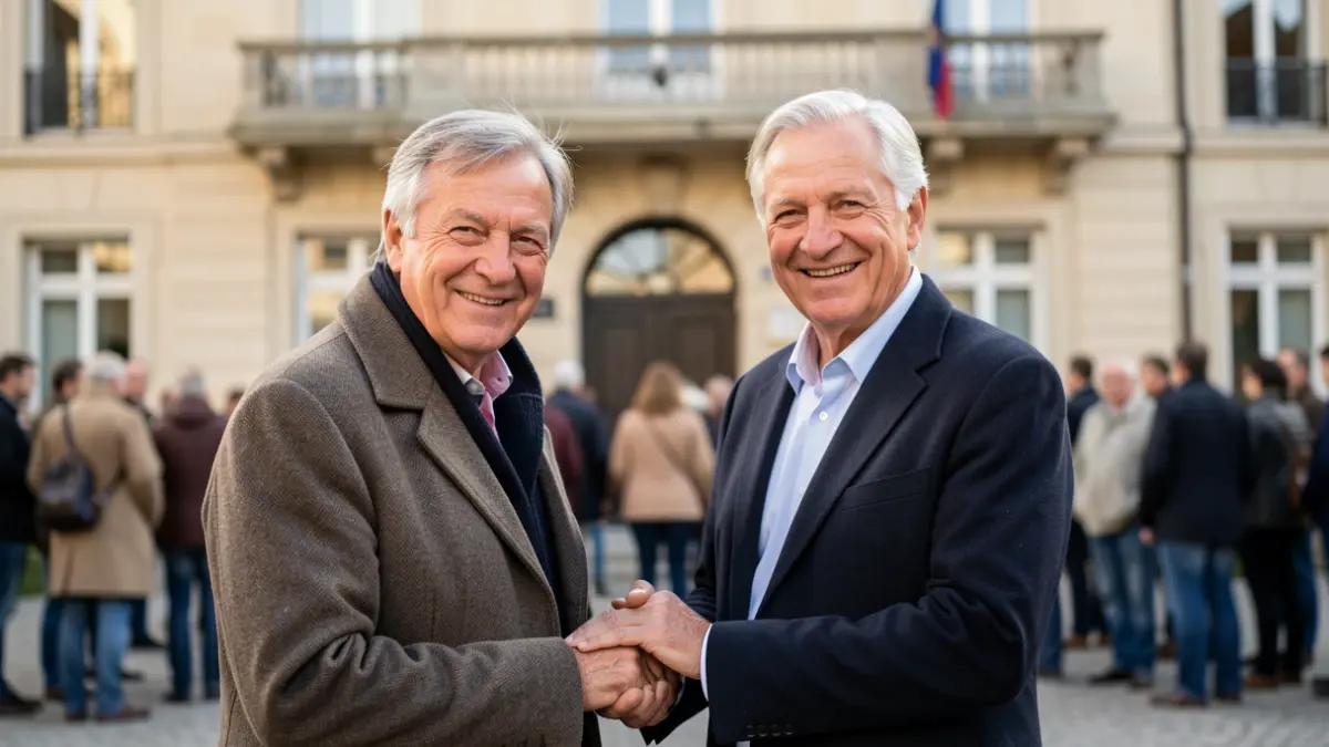 Imagen genérica de una pareja mayor sonriendo y cogidos de la mano frente a un edificio público.
