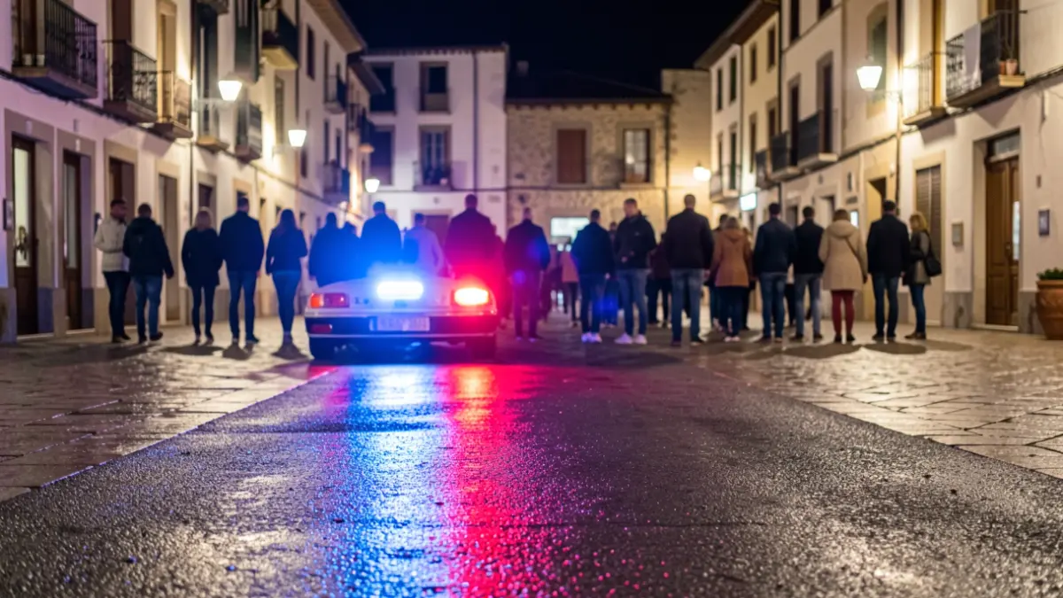 Imagen genérica de luces de emergencia policiales reflejándose en el asfalto mojado por la noche.