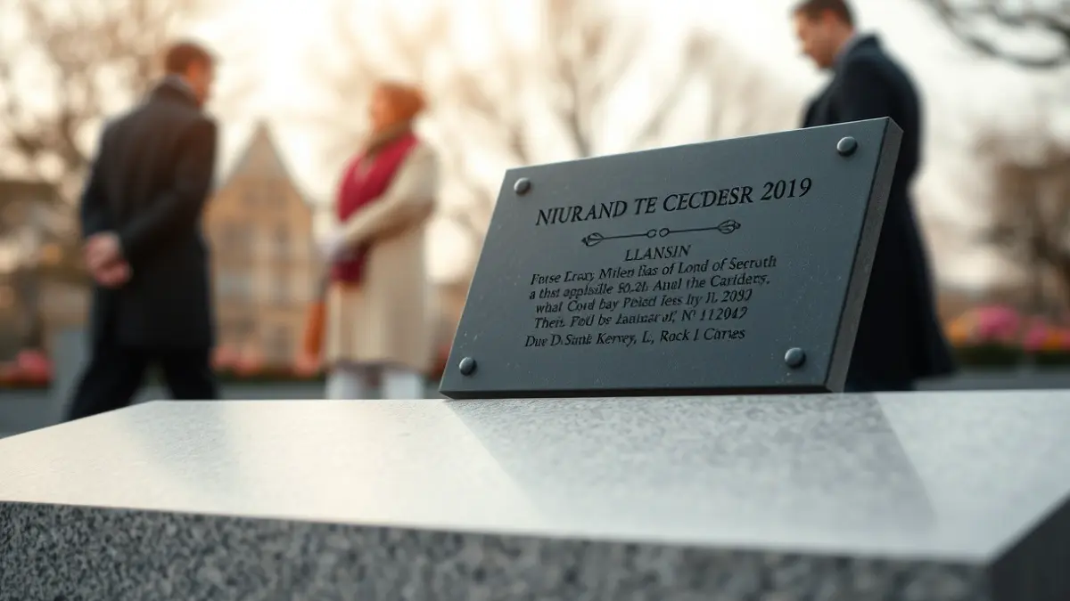 Image of a commemorative monolith or plaque at a tribute event.