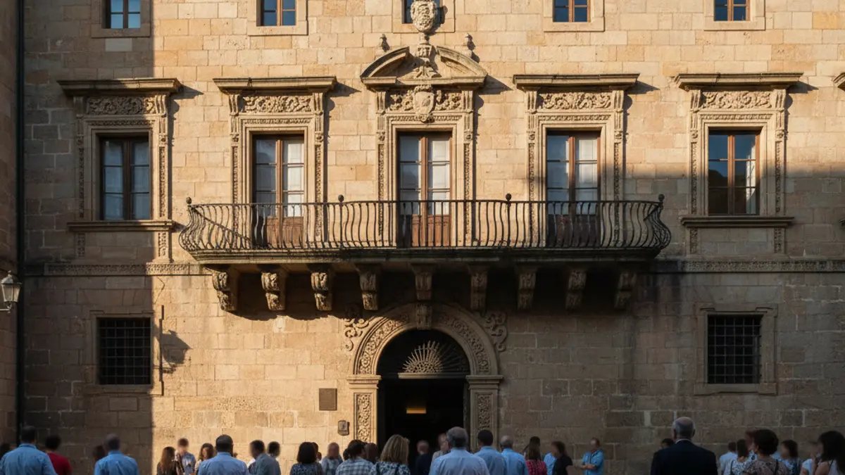 Fachada de un ayuntamiento con balcón y barandillas de hierro, bajo la luz del sol de la tarde.