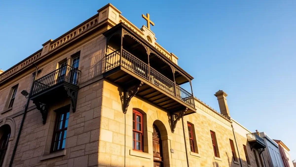 Facade of Alcorcón town hall with balcony and iron railings, under afternoon sunlight.