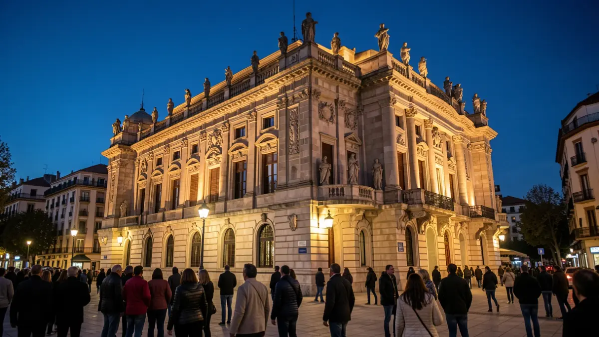Facade of the Teatro Buero Vallejo in Alcorcón illuminated at night.