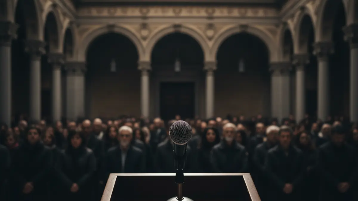 Generic image of a microphone on a podium during a public event.