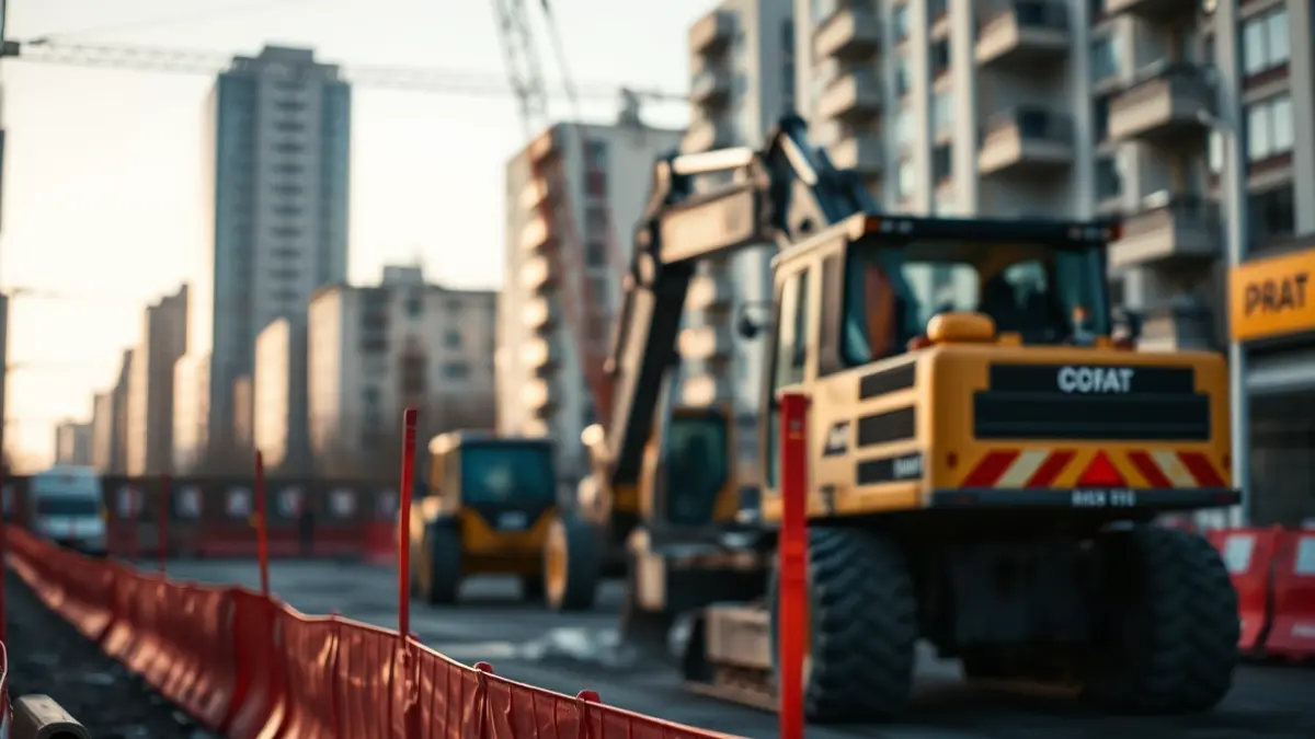 Generic image of construction works with heavy machinery and safety barriers.