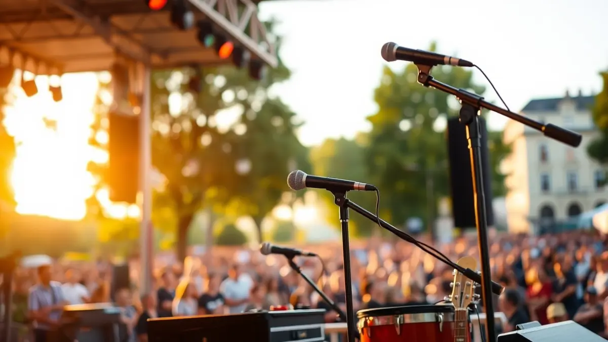 Generic image of an outdoor concert with instruments and lights.