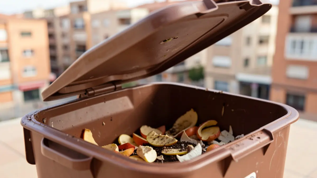 Image of a brown organic waste bin in Alcorcón.