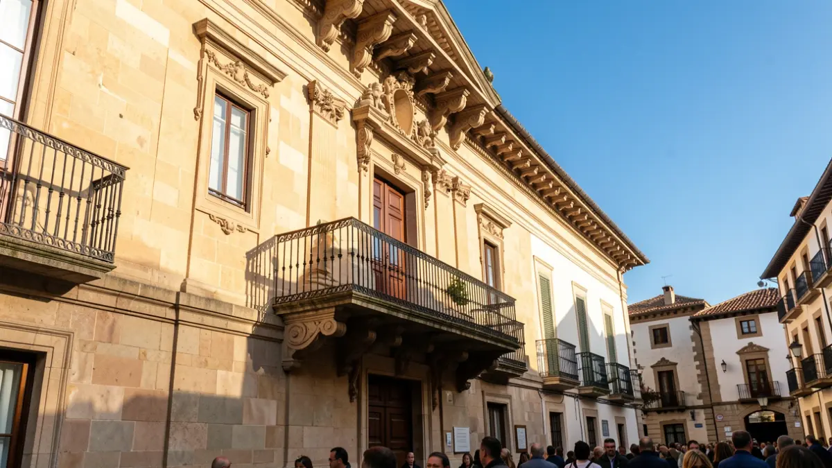 Facade of a Spanish town hall with ornate details and a balcony, under a clear blue sky.