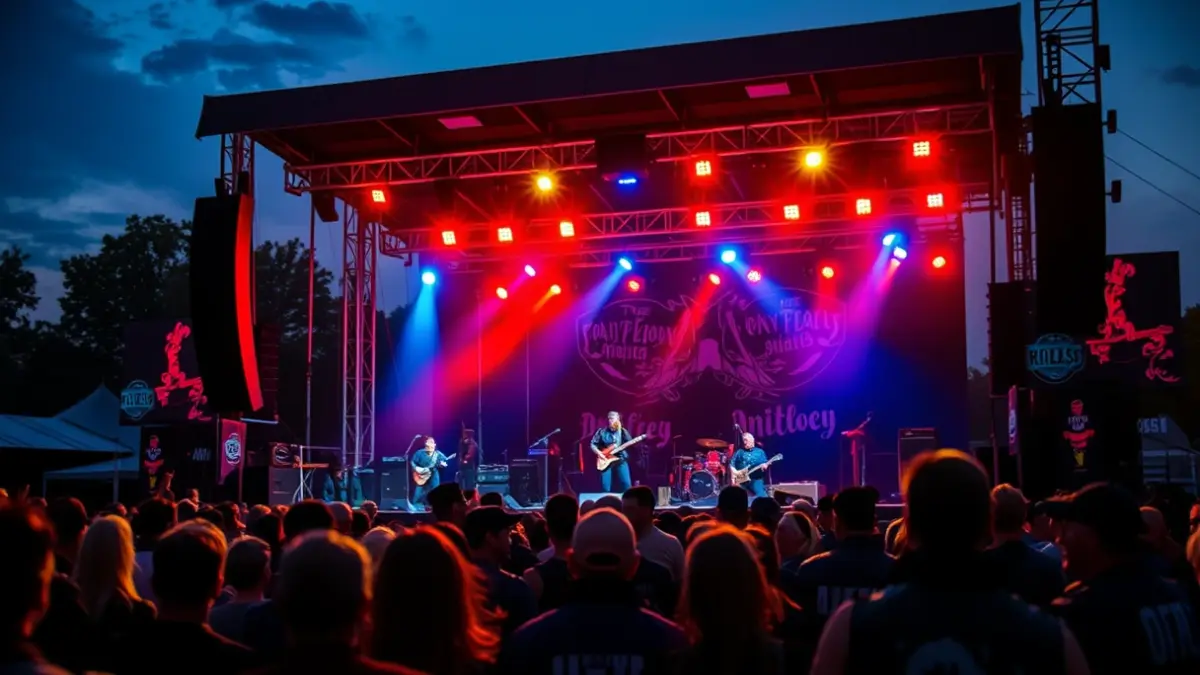Image of an outdoor rock concert with stage lights and an audience.