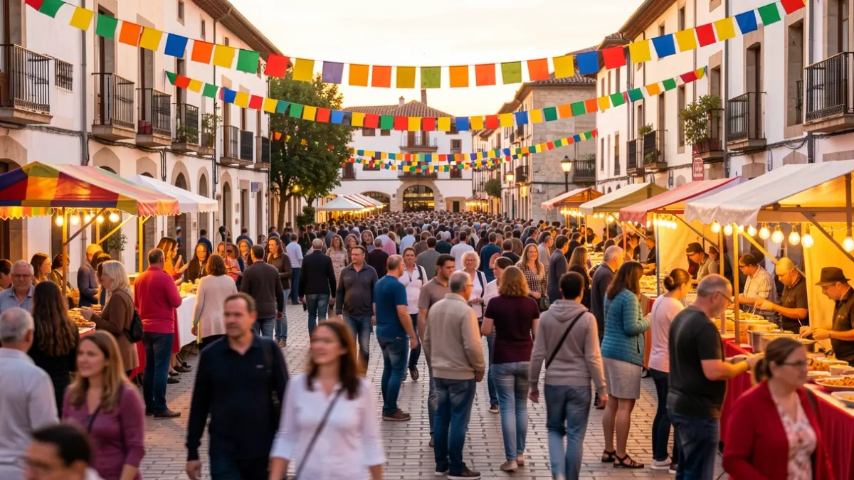 Imagen genérica de una plaza de pueblo español durante unas fiestas locales con ambiente festivo.