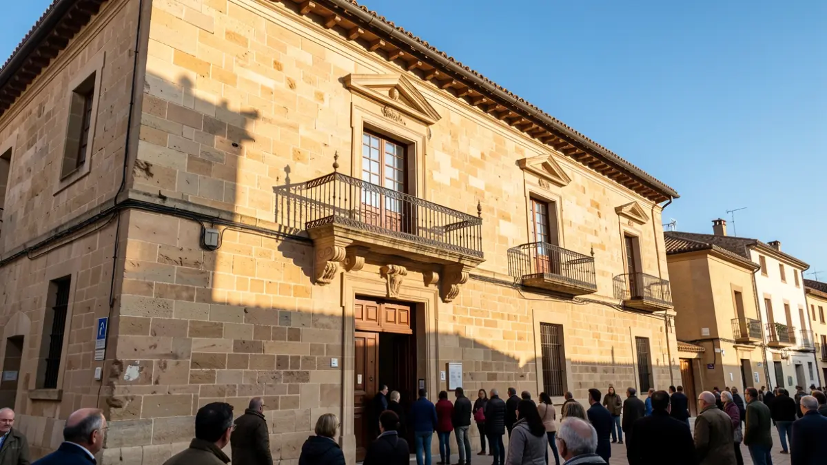 Facade of the Algete Town Hall with a balcony and iron railings, under the afternoon sunlight.