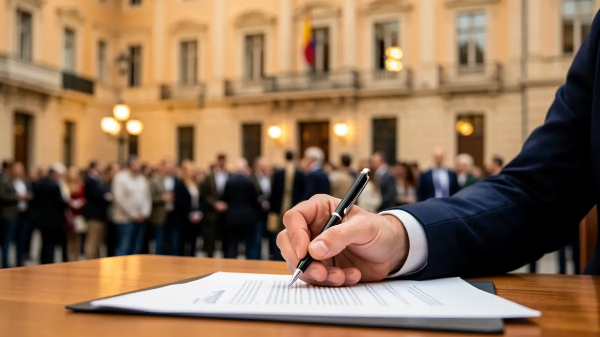 Primer plano de la mano de un político español firmando un documento en un escritorio, con la fachada del Ayuntamiento de Madrid desenfocada al fondo.