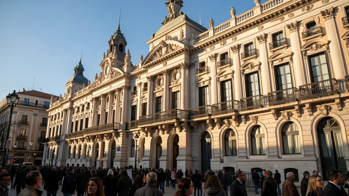 Fachada del Ayuntamiento de Madrid (Palacio de Cibeles) con arquitectura ornamentada y balcones, luz cálida de la tarde.