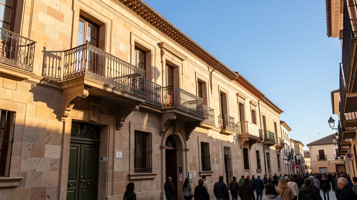 Facade of a Madrid town hall with a balcony and afternoon light.