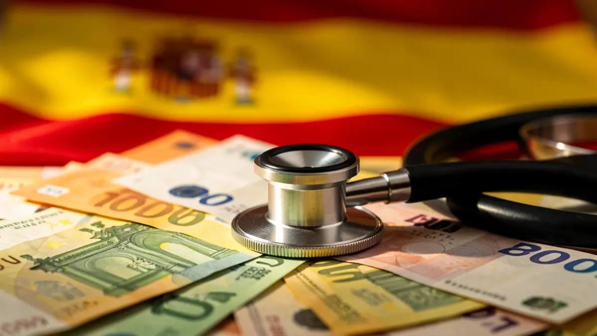 Image of a stethoscope on euro banknotes with a blurred Spanish flag.