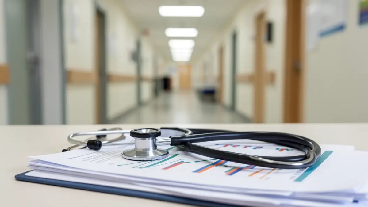 Generic image of a stethoscope on financial documents in a hospital.