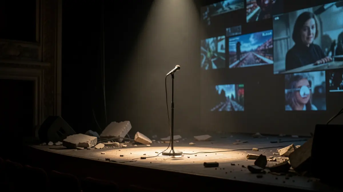 Escena teatral distópica con escombros y un micrófono iluminado.