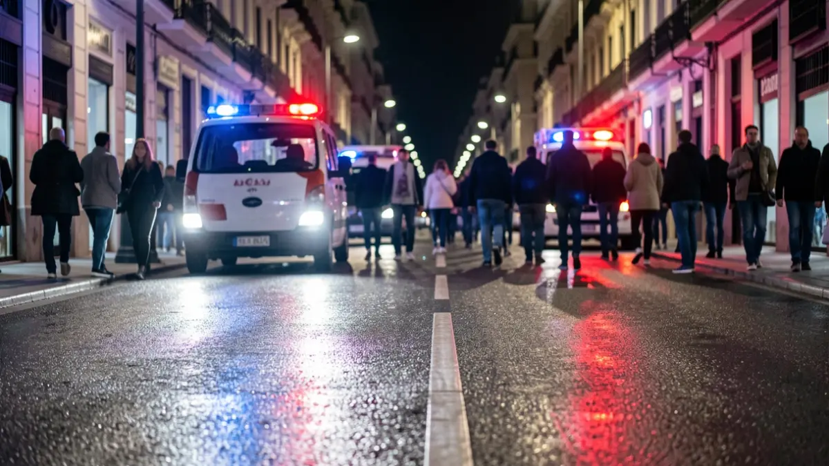Imagen genérica de luces de emergencia policiales reflejándose en el asfalto mojado por la noche en Madrid.