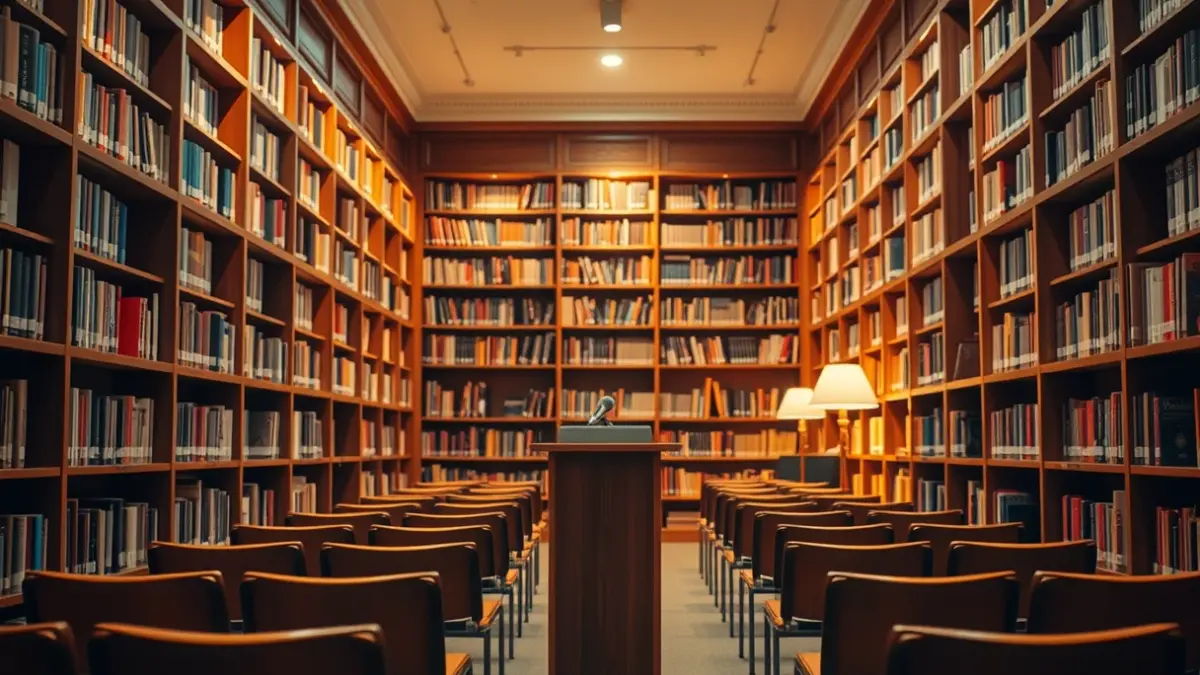 Generic image of a theatrical stage or reading space with a microphone.