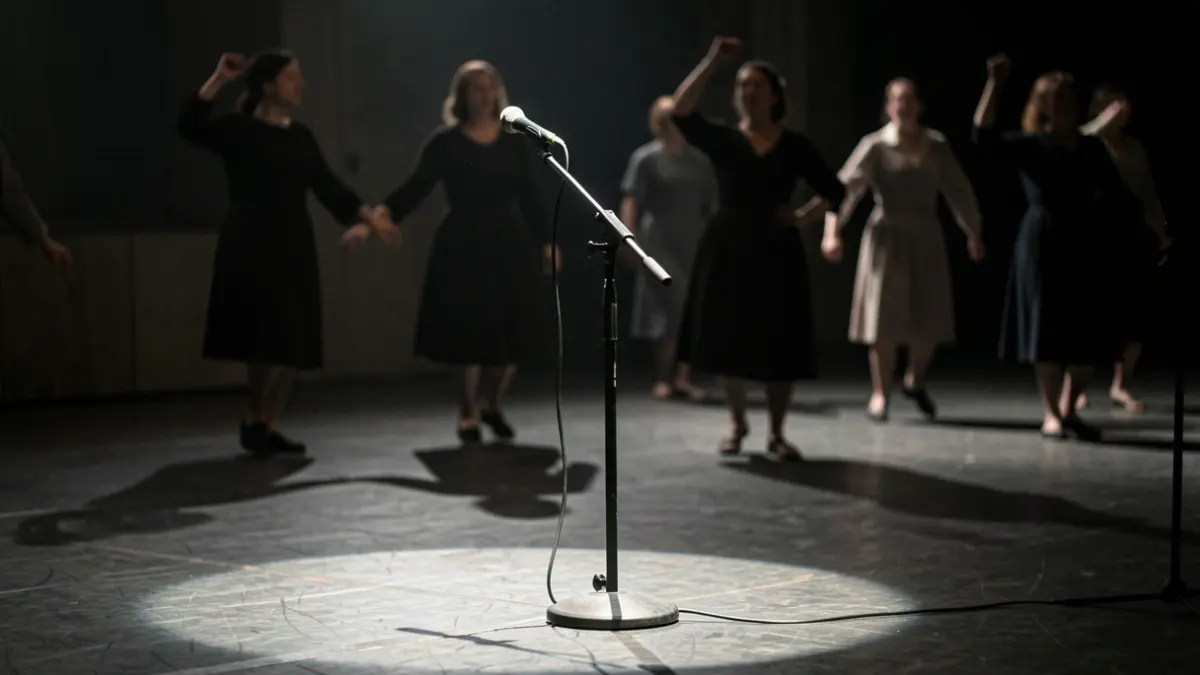 Imagen genérica de un escenario de teatro con un micrófono y bailarines en penumbra.