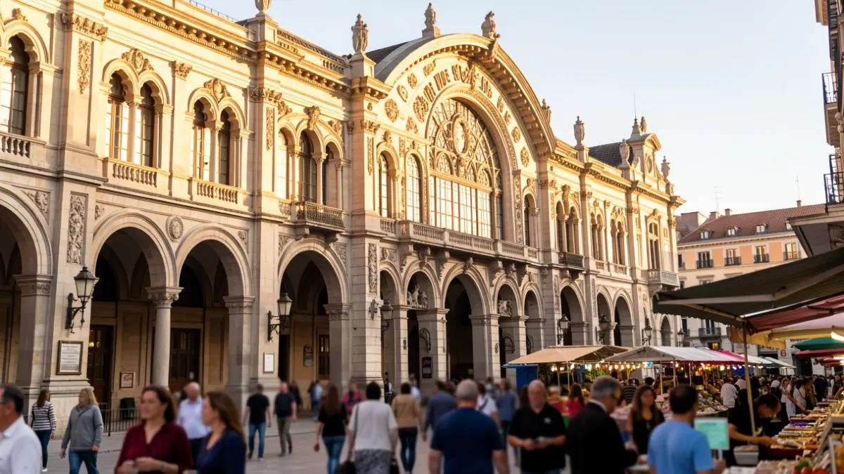 Fachada del Mercado de San Miguel en Madrid, un edificio histórico con arquitectura ornamentada bajo la luz del sol de la tarde.
