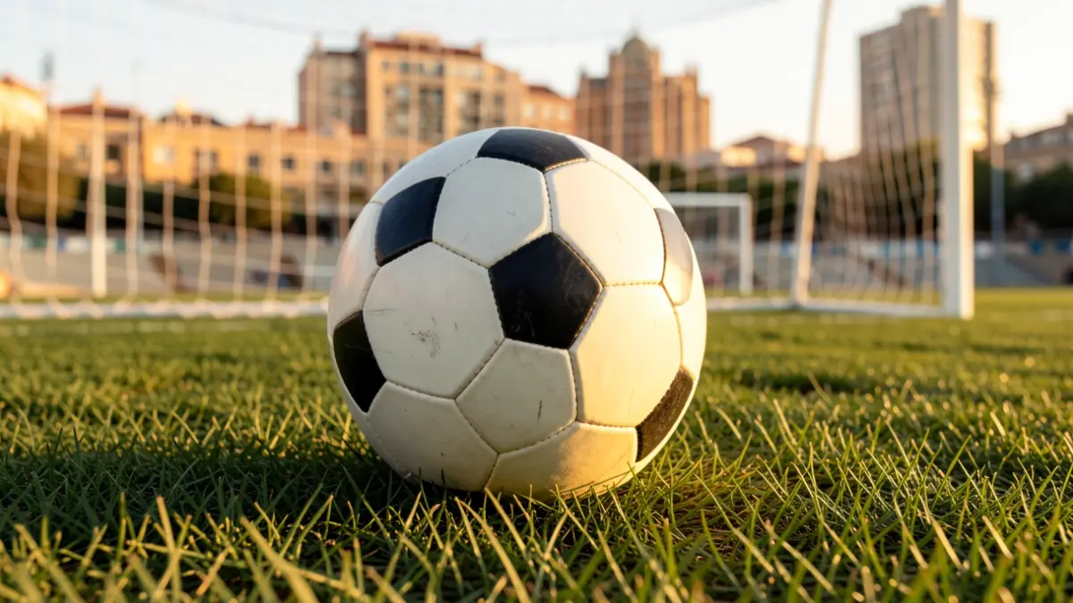 Imagen genérica de un balón de fútbol sobre césped con la red de portería desenfocada.
